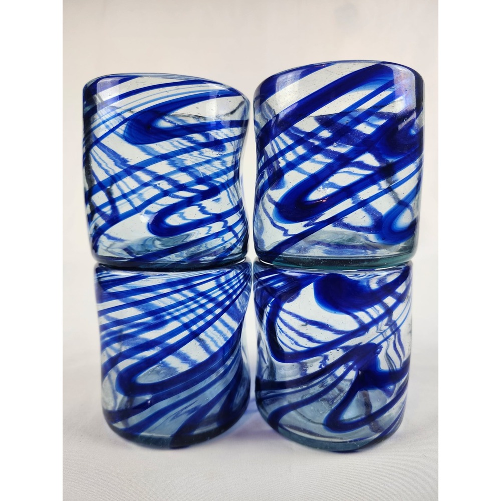 Vintage Mexican Hand Blown Art Glass Blue Swirl Tumblers Set 4 Rocks Glasses